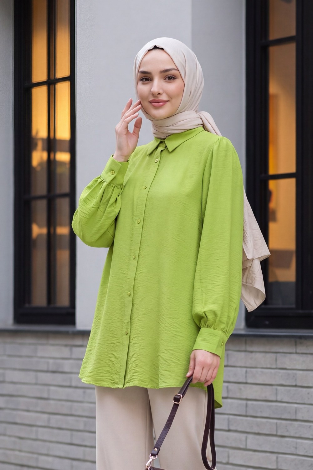 Balon Kol Düz Tunik -Fıstık Yeşili