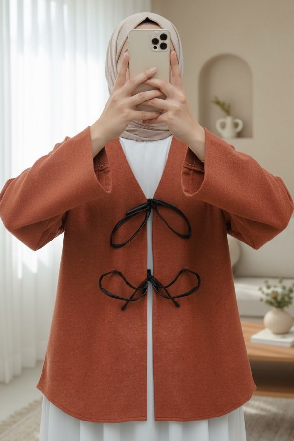 Önü Bağcıklı Oval Kesim Kaşe Kimono -Kiremit