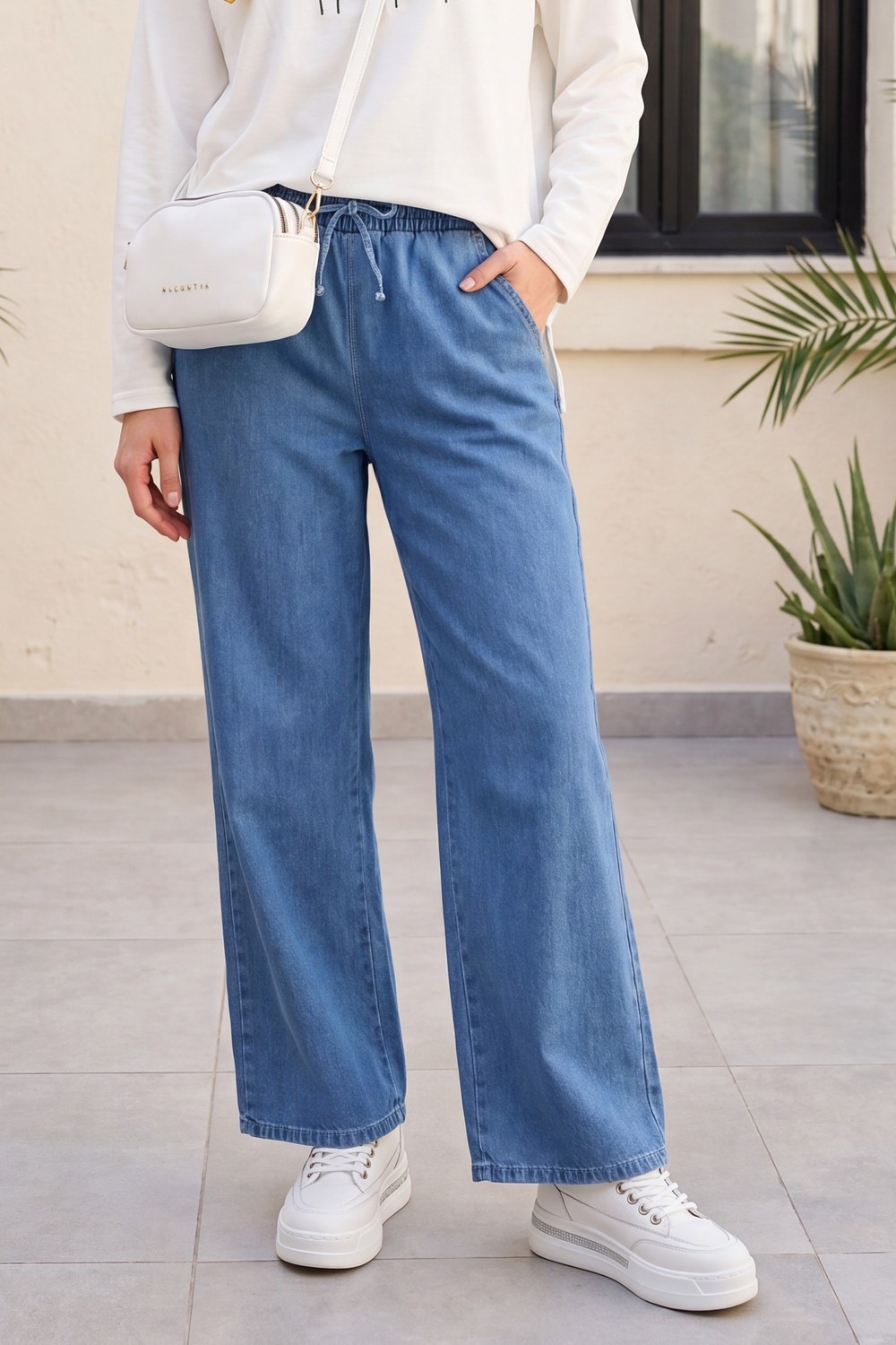 Beli Lastikli Cepli Bol Paça Kot Pantolon -Koyu Mavi