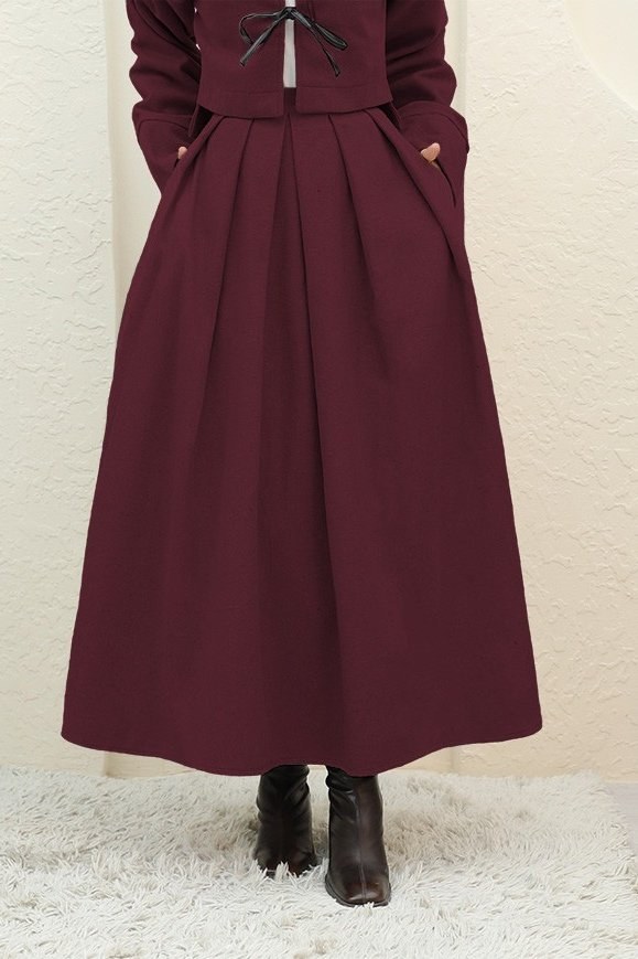 Pileli Fermuarlı Kaşe Etek -Bordo