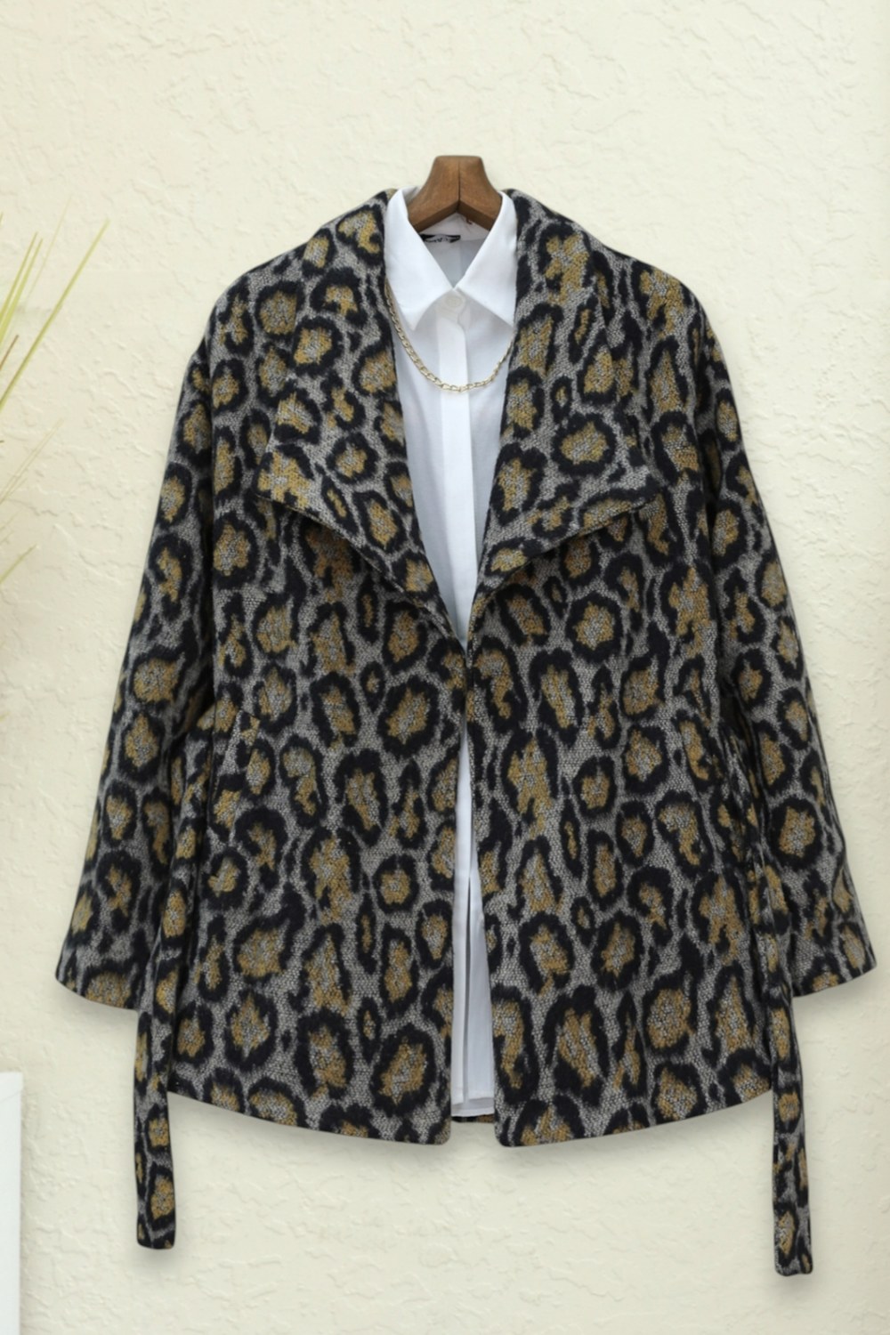 Leopar Desenli Astarlı Beli Bağlamalı Kaşe Ceket -Gri