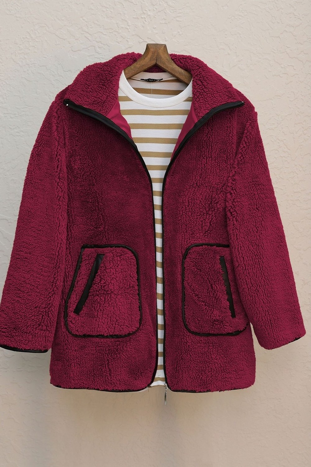 Çift Cepli Fermuarlı Astarlı Peluş Mont -Bordo