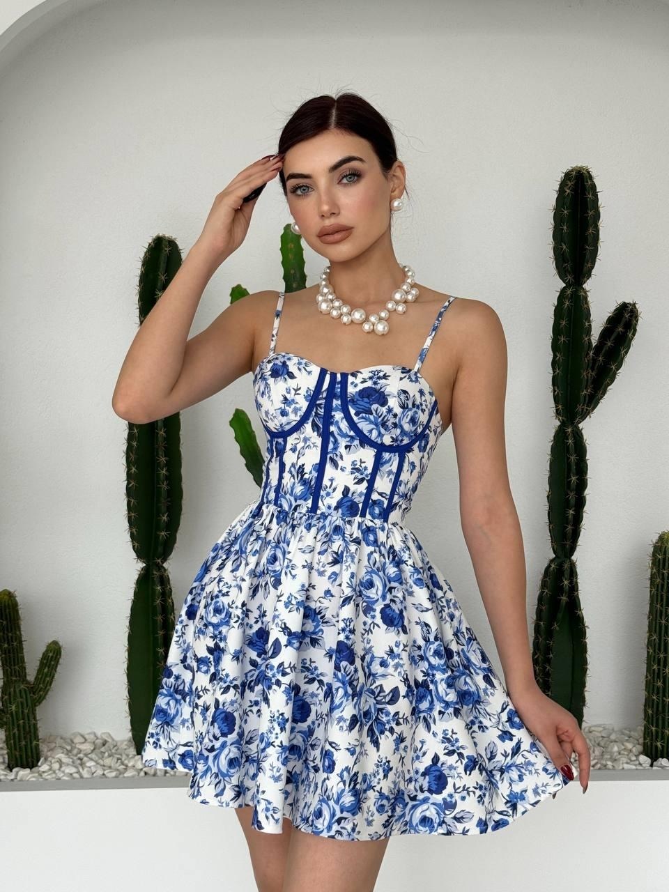 Hanks İp Askılı Elbise ETK-00336-mavi-beyaz