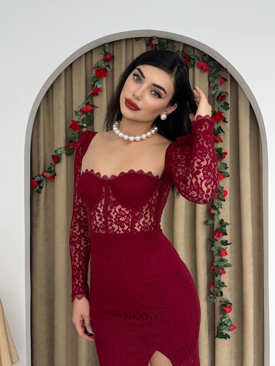 Siena Yırtmaç Detaylı Elbise ETK-00277-bordo