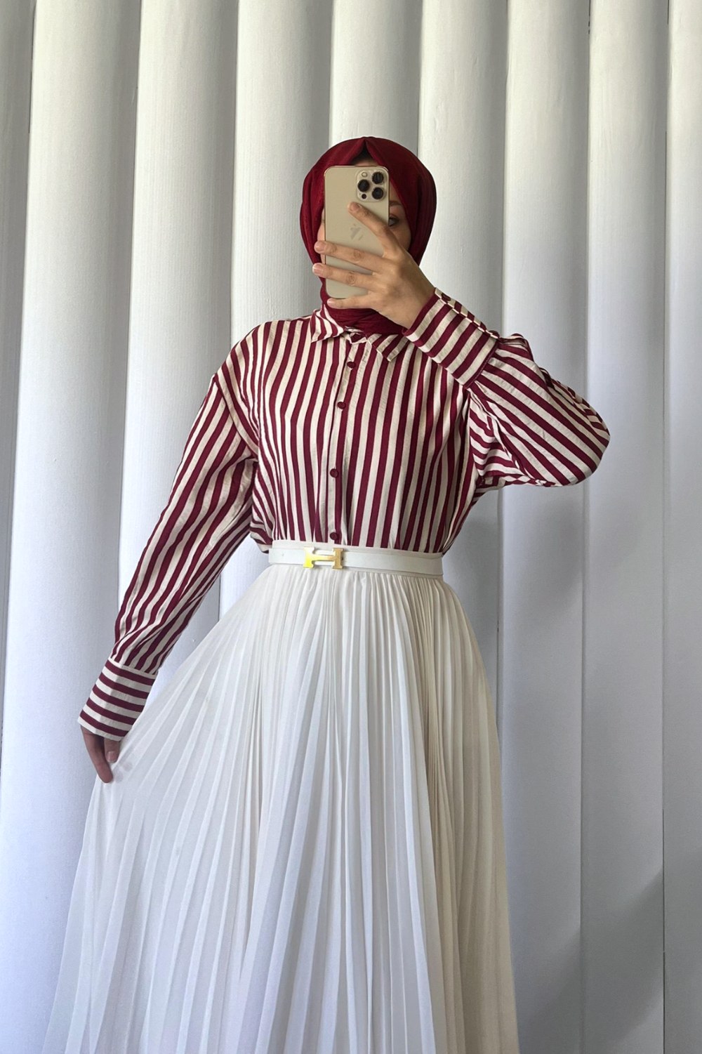 Çizgili Oversize Düğmeli Gömlek -Bordo