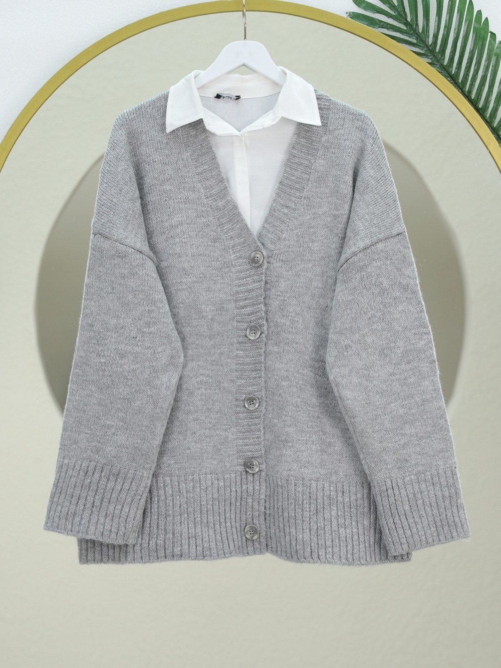 Düğmeli Oversize Triko Hırka -Gri