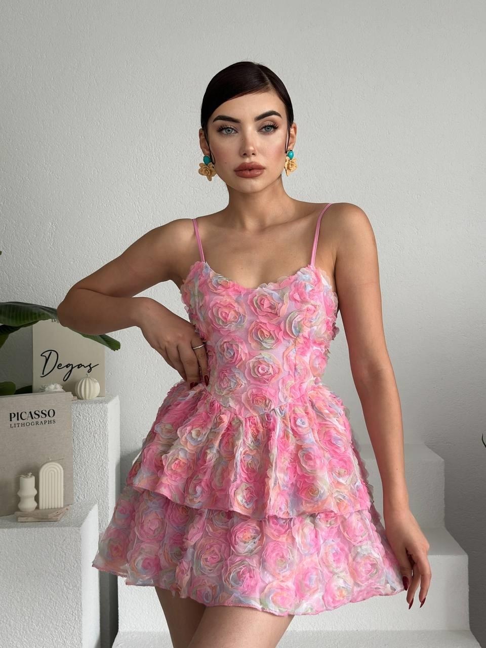 Flora İp Askılı Elbise ETK-00342-gul-desen-pembe