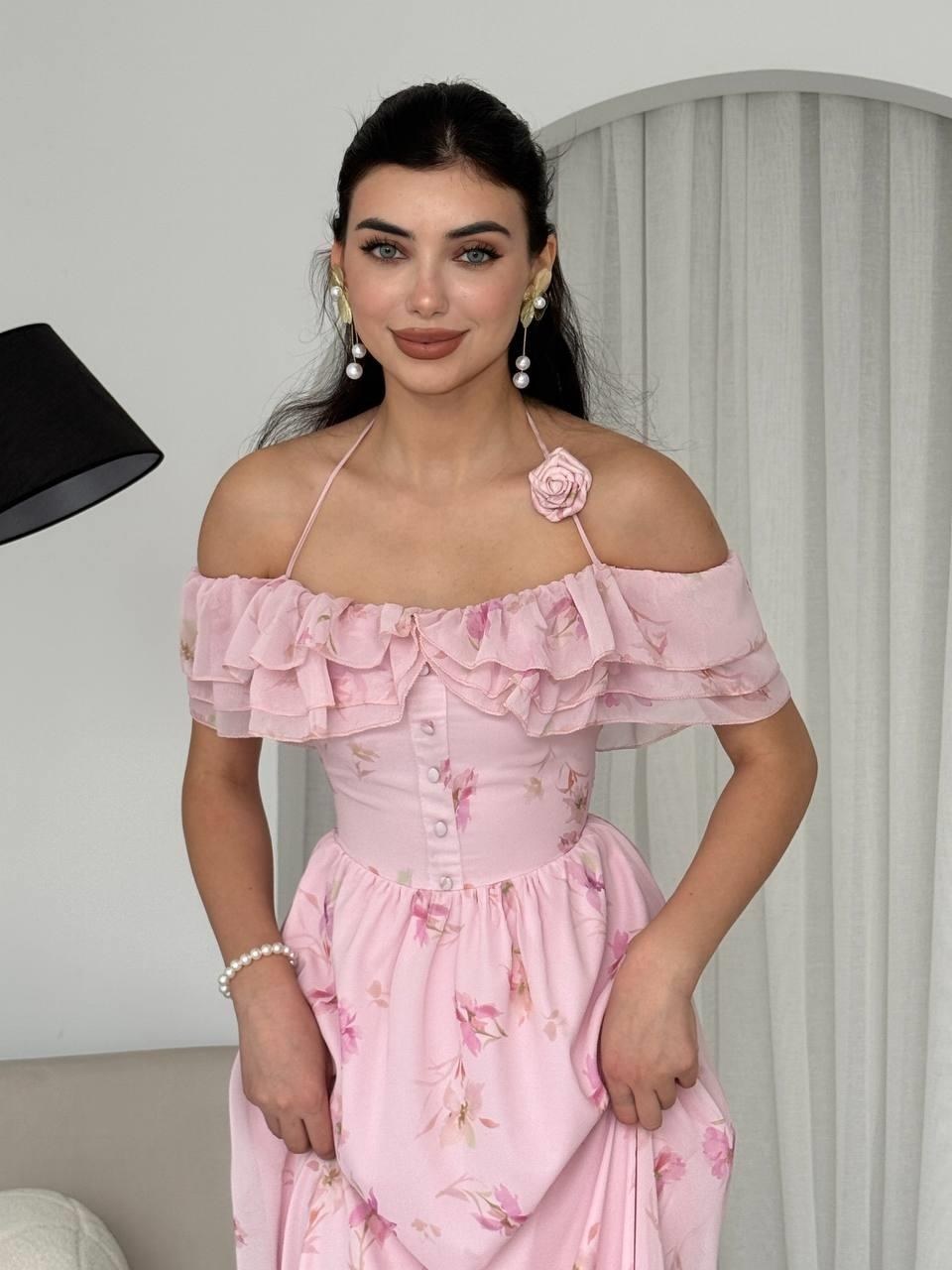 Elmi Çiçek Detaylı Elbise ETK-00600-pembe-cicekli
