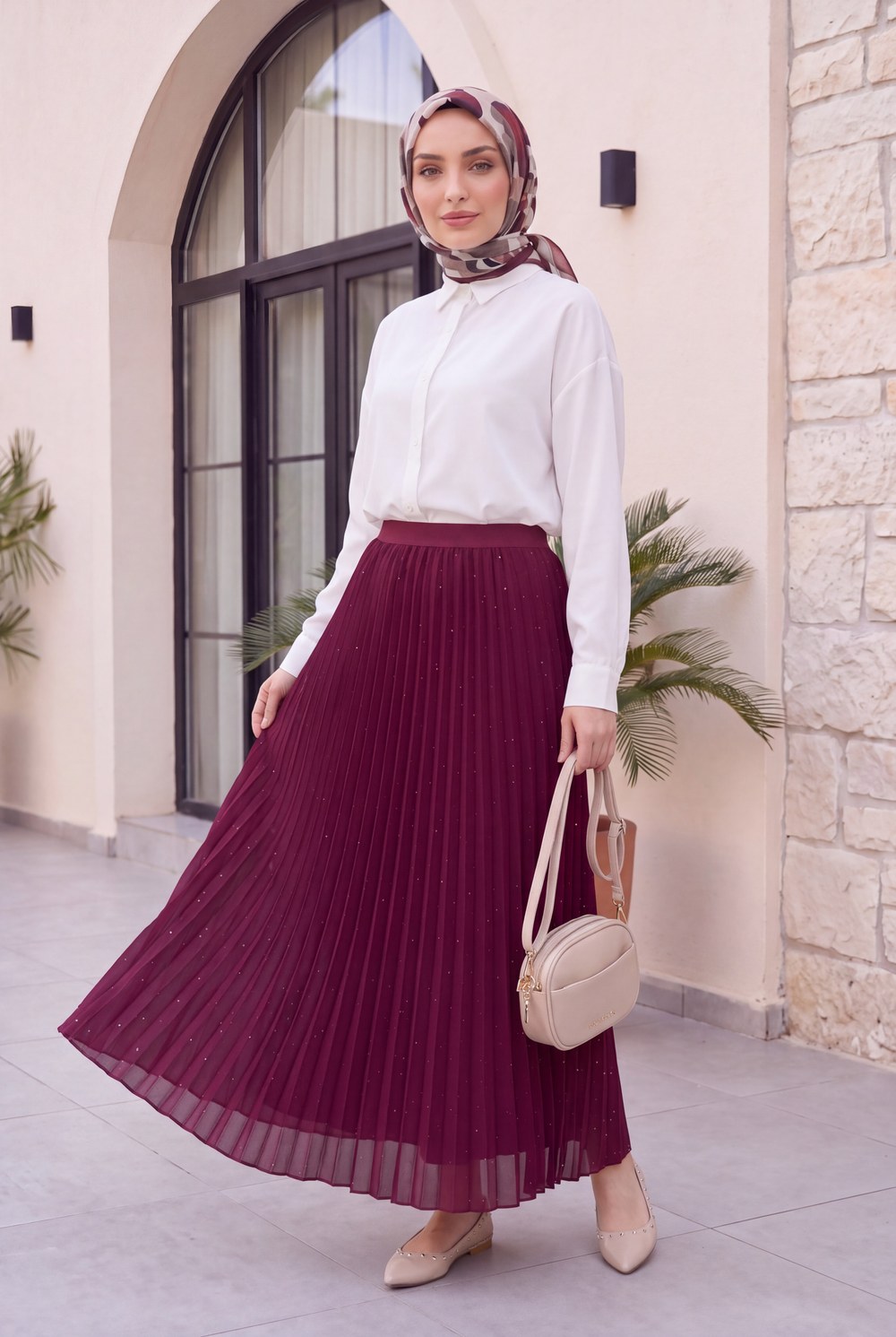 Taşlı Pliseli Etek -Bordo
