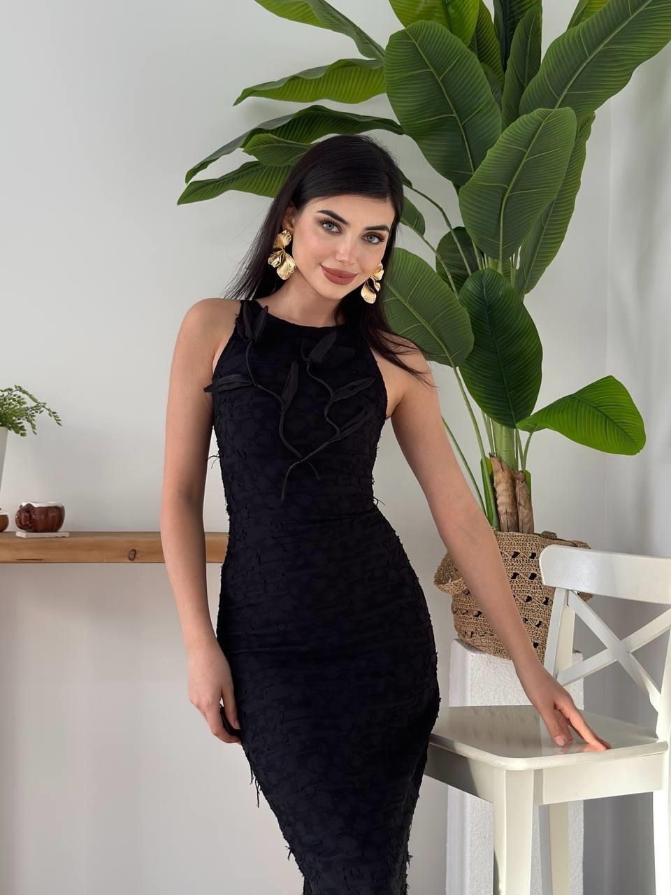 Lers Çiçek Detaylı Elbise ETK-00587-siyah