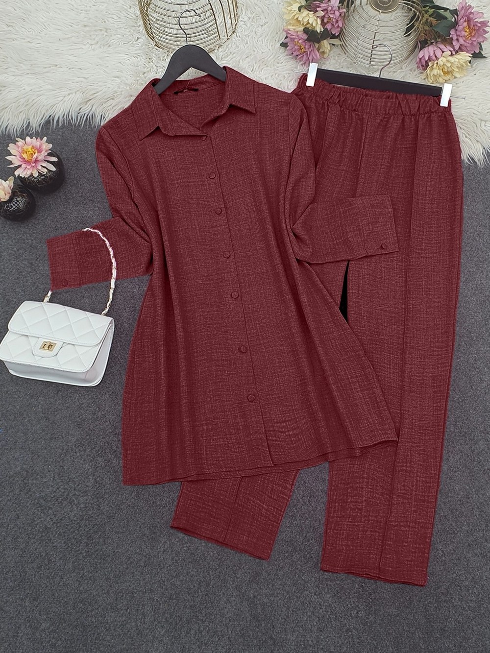 Top Düğme Gömlek Pantolonlu Takım -Bordo