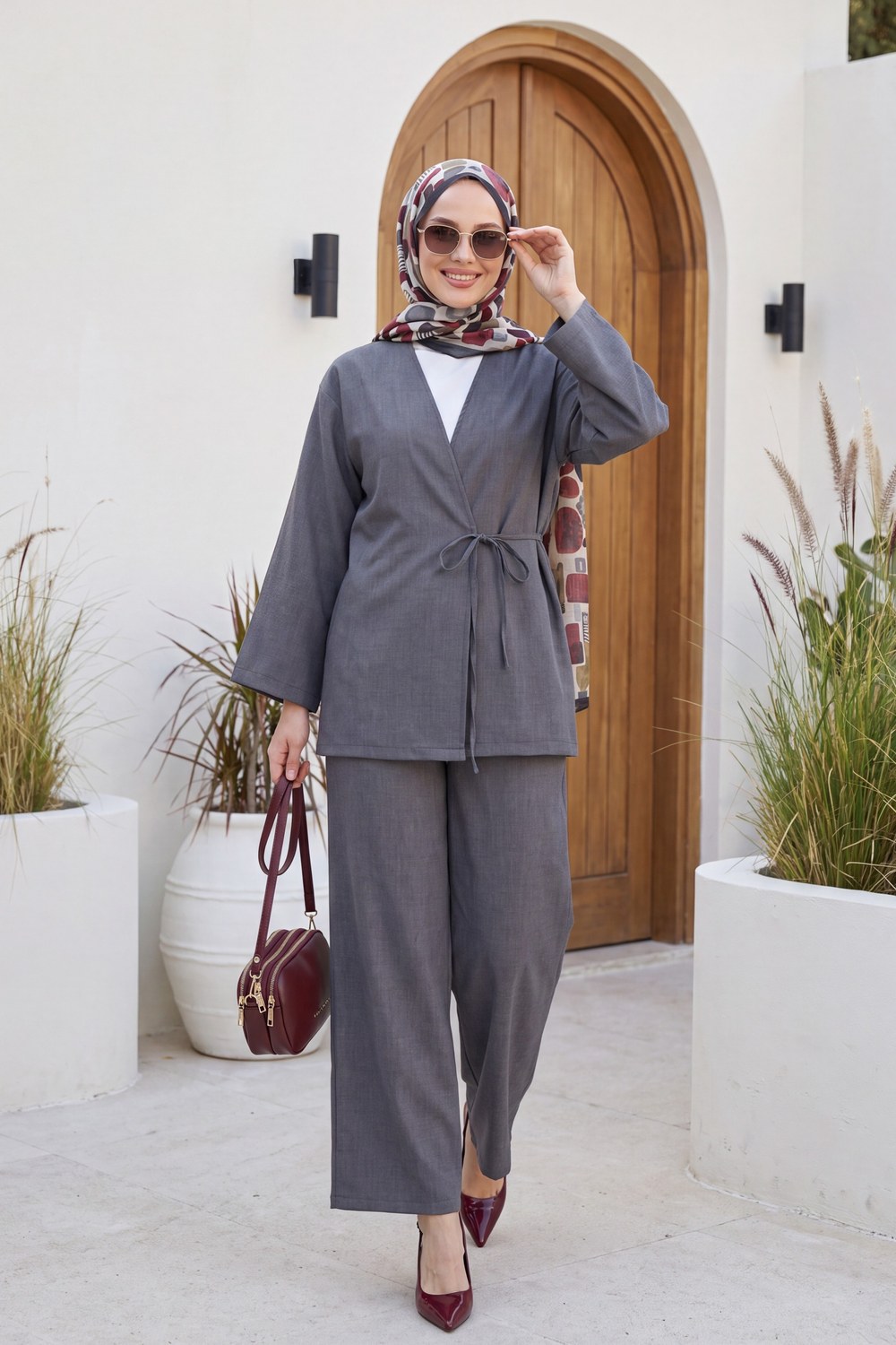 Önden Bağlamalı Pantolonlu Kimono Takım -Füme