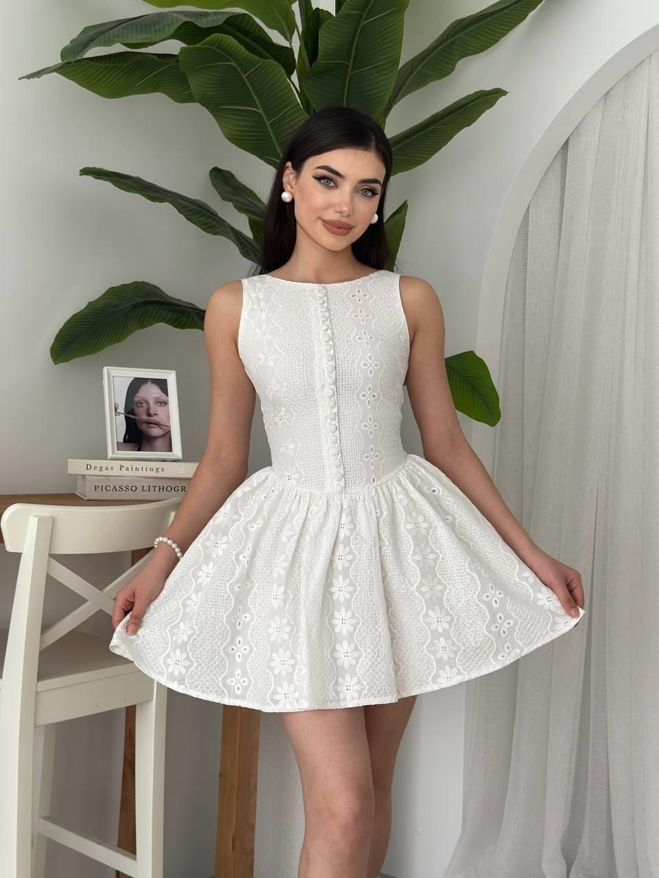 Yema Düğme Detaylı Elbise ETK-00631-beyaz