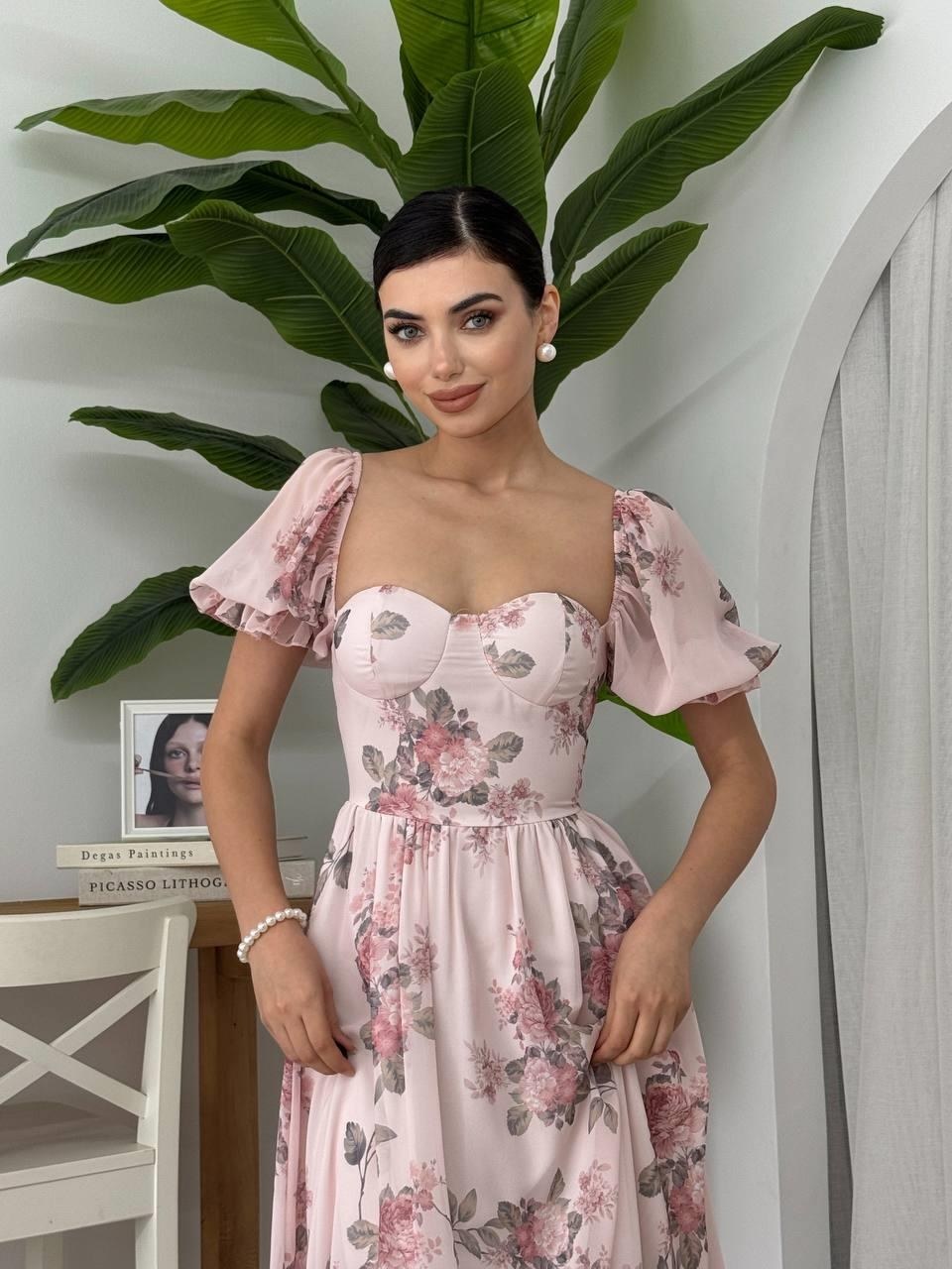 Caso Midi Elbise ETK-00614-cicek-desen-pembe