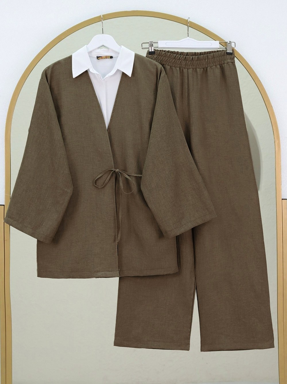 Önden Bağlamalı Pantolonlu Kimono Takım -Kahve
