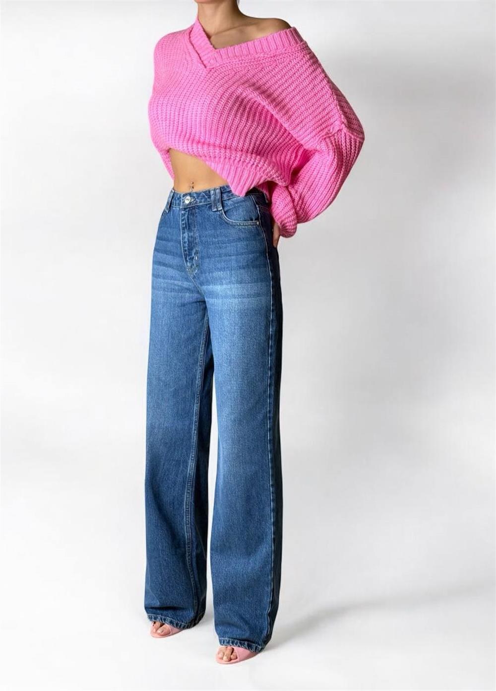 Kadın Yüksek Bel Boru Kesim Blue Jean Pantolon