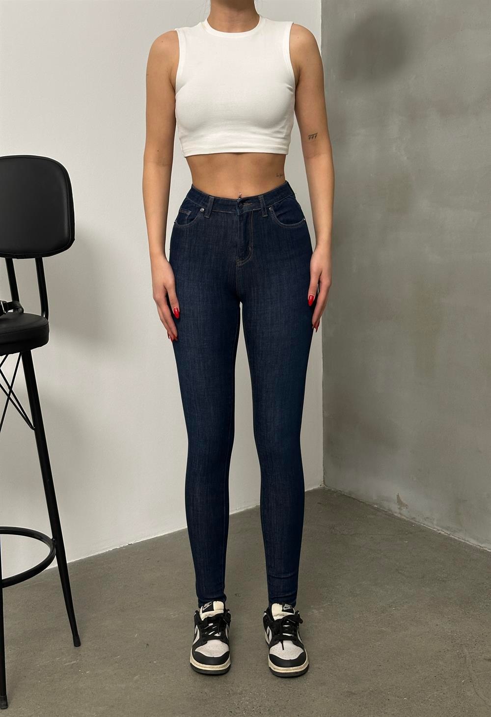 Yüksek Bel Dar Kalıp En Boy Likralı Dark Blue Jean Pantolon