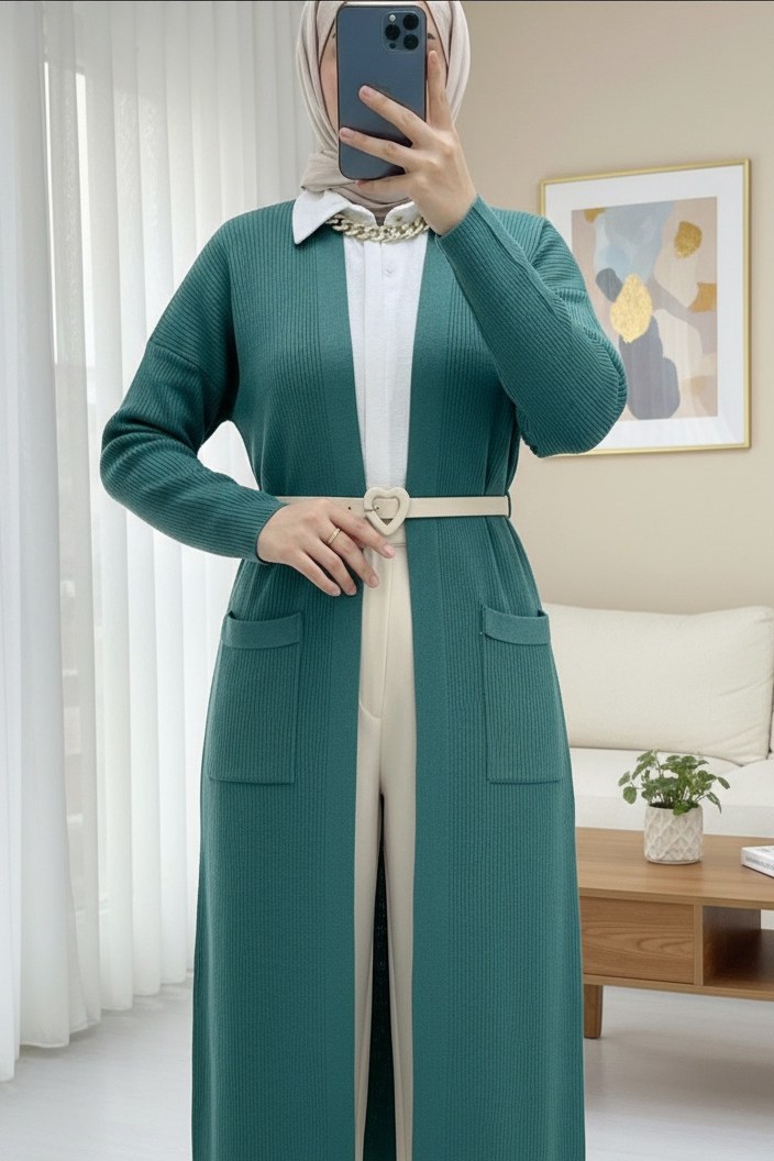 Cepli Yırtmaçlı Uzun Triko Hırka -Mint