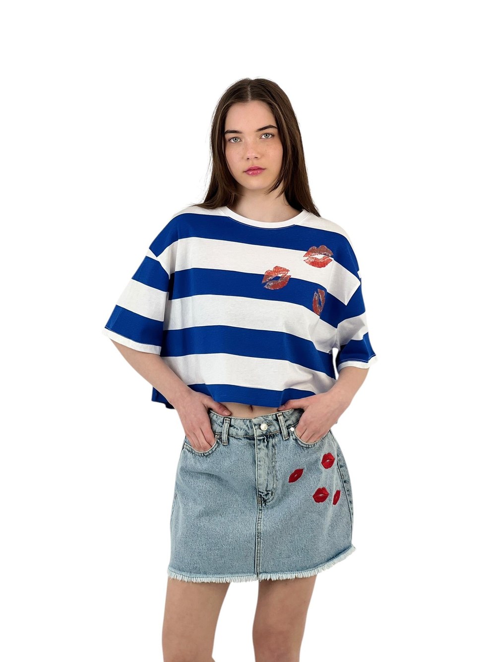 Mavi Beyaz Çizgili Oversize Tişört