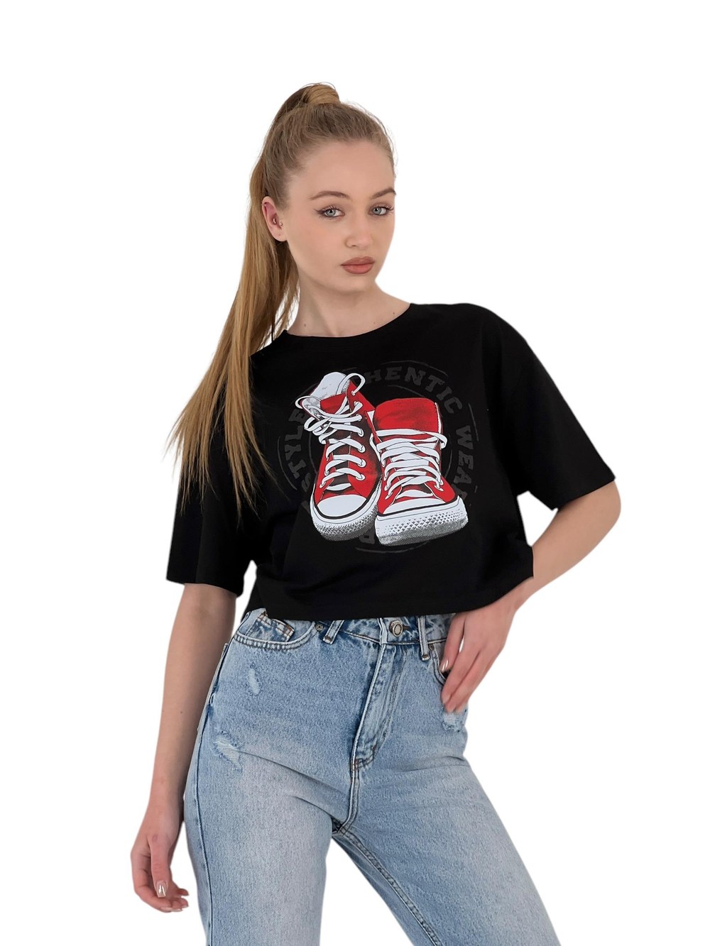 Kadın Oversize Baskılı Kısa Kol Beyaz Crop Tişört