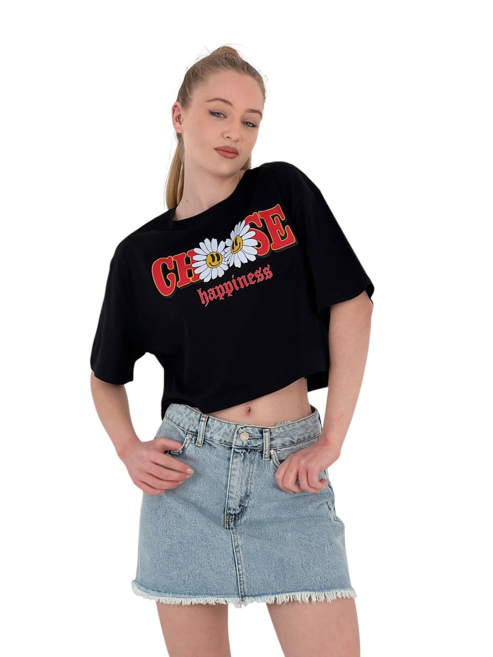Kadın Oversize Çiçek Baskı Kısa Beyaz Crop Tişört