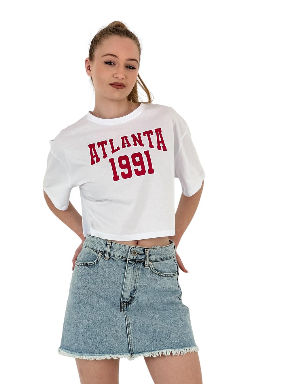 Kadın Oversize Yazı Baskılı Kısa Crop Tişört