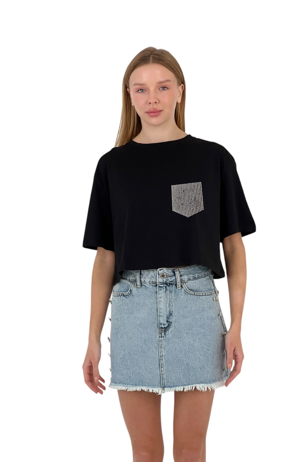 Kadın Taş Detaylı Cepli Crop T