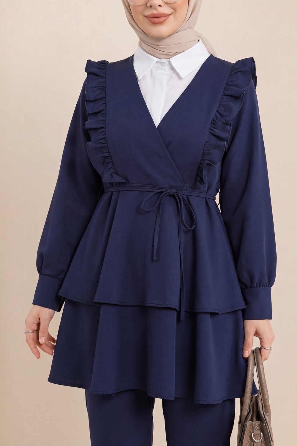Önü Fırfırlı Bağcıklı Eteği Katlı Pantolonlu Kimono Takım -Laci