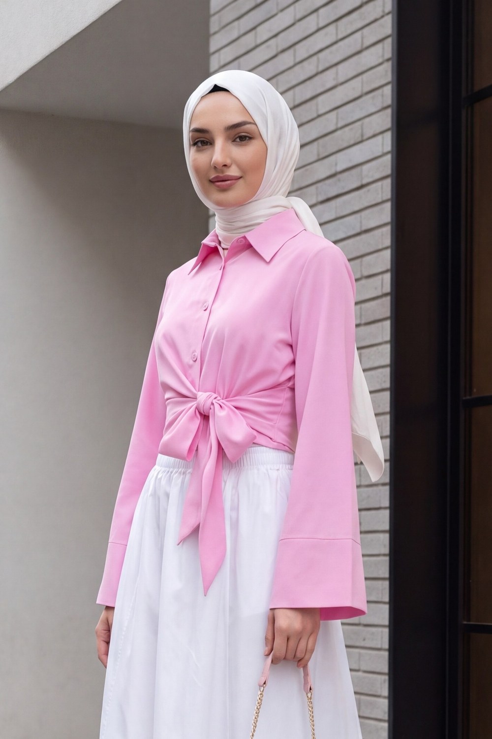 Yan Bağlamalı İspanyol Kol Düğmeli Gömlek -Pembe