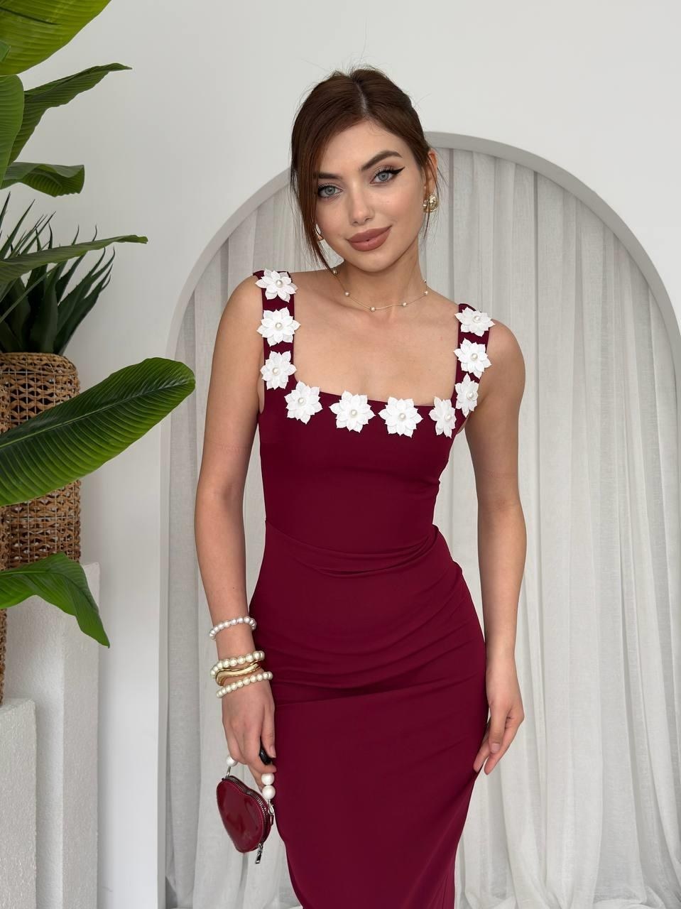 Mıng Çiçek Detaylı Elbise ETK-00646-bordo