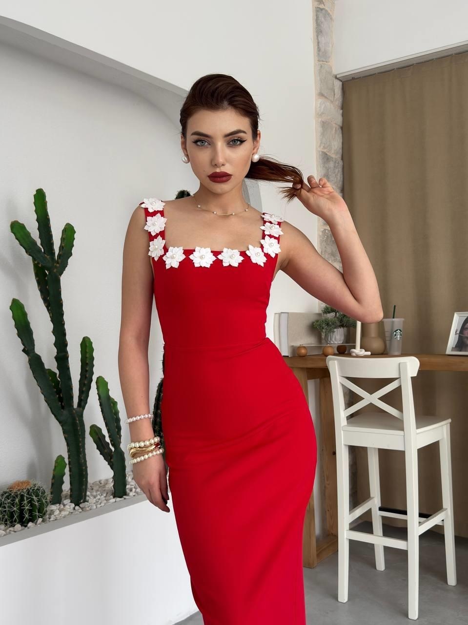 Mıng Çiçek Detaylı Elbise ETK-00646-kirmizi