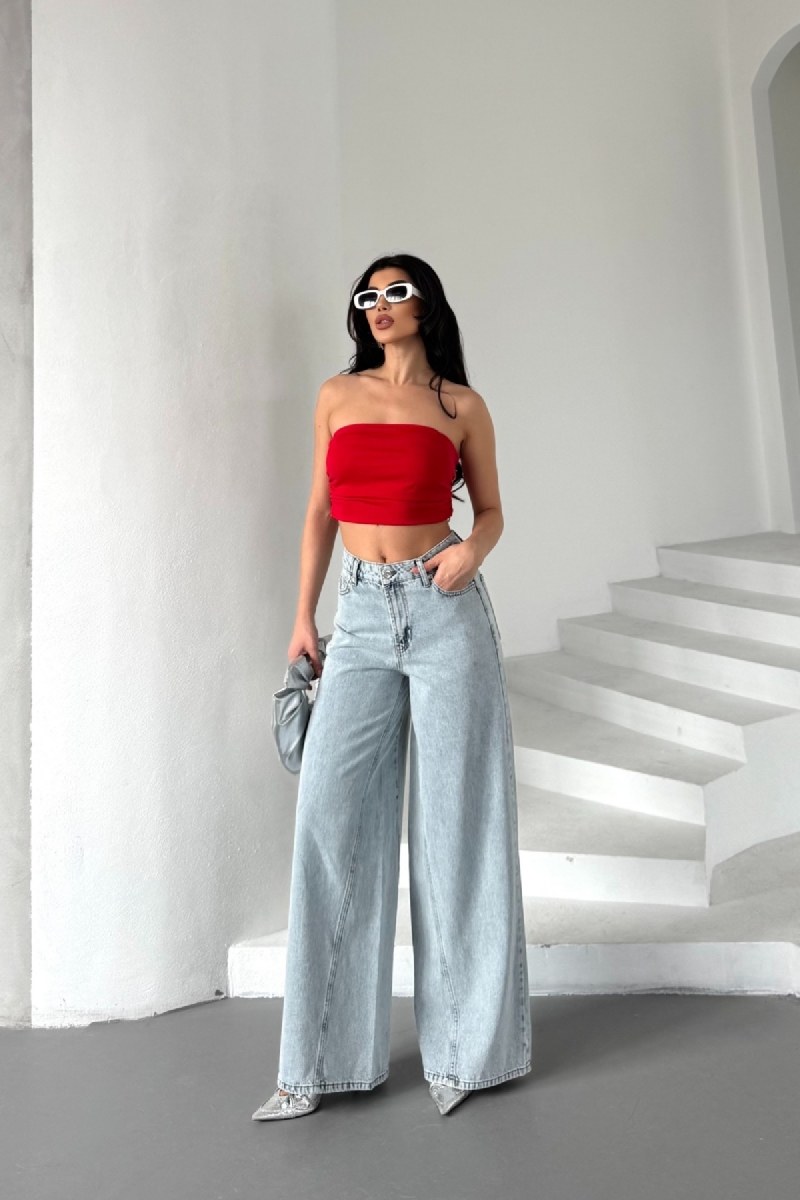Parçalı Baggy Kot Pantolon 7045 Buz Mavisi Ve Tintli