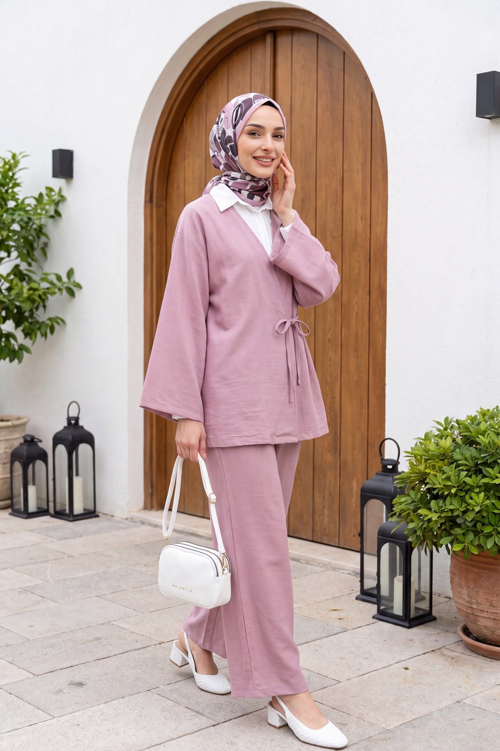 Önden Bağlamalı Pantolonlu Kimono Takım -Pudra