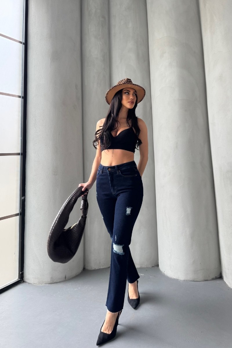 Mom Fit Kot Pantolon 1900 Slaplı Lacivert
