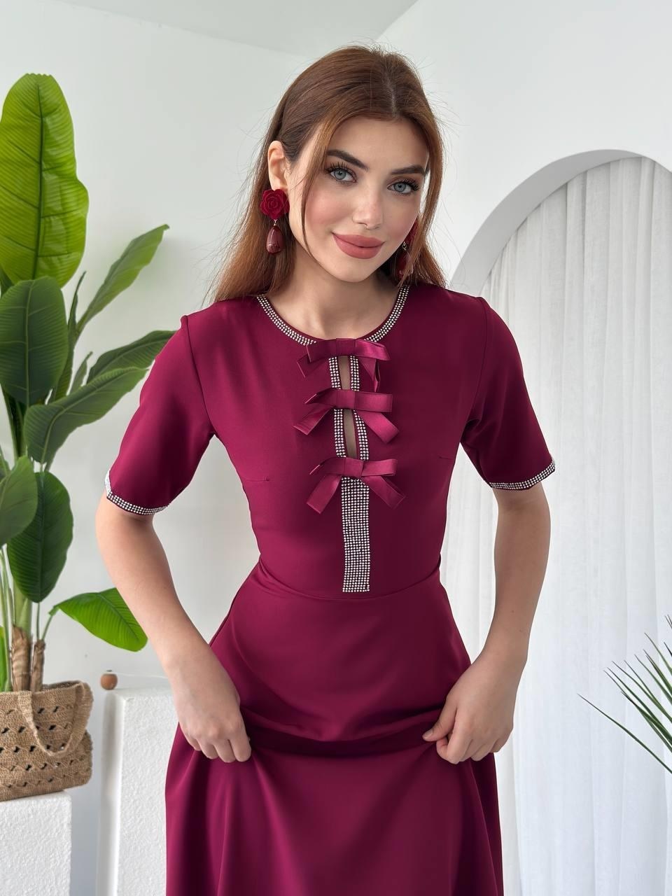 Wera Taşlı Fiyonk Detaylı Elbise ETK-00632-bordo