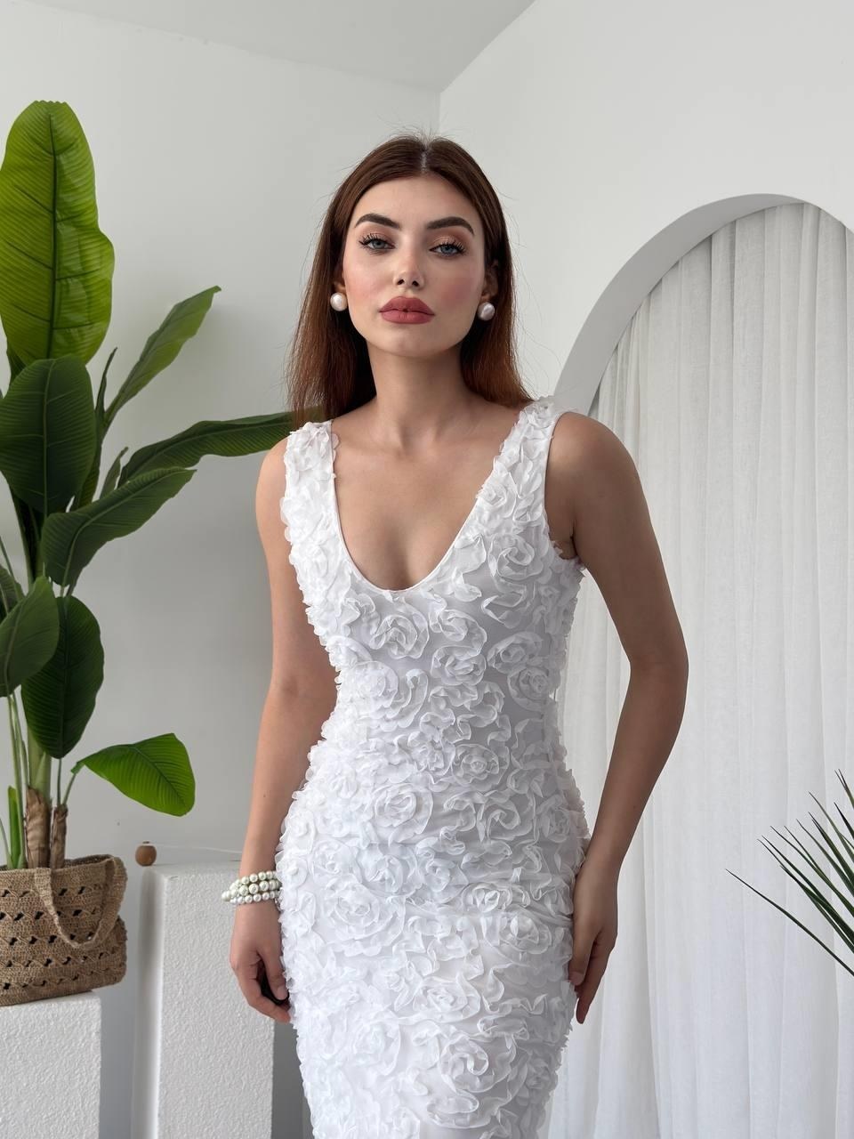 Kren Gül Detaylı Elbise ETK-00656-beyaz