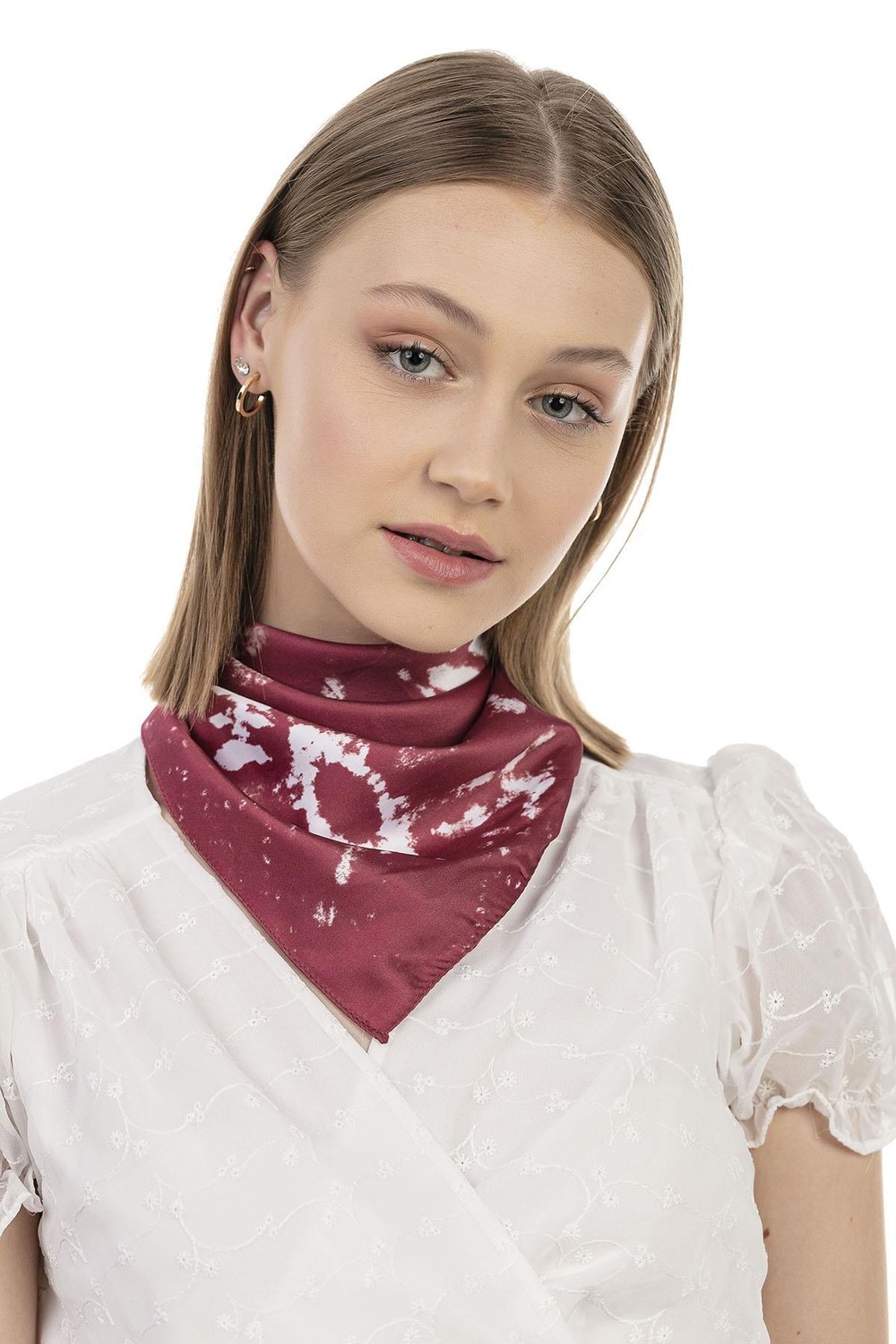 12350 Etnik Desenli Bordo Saten Bandana Fular 50x50 Cm