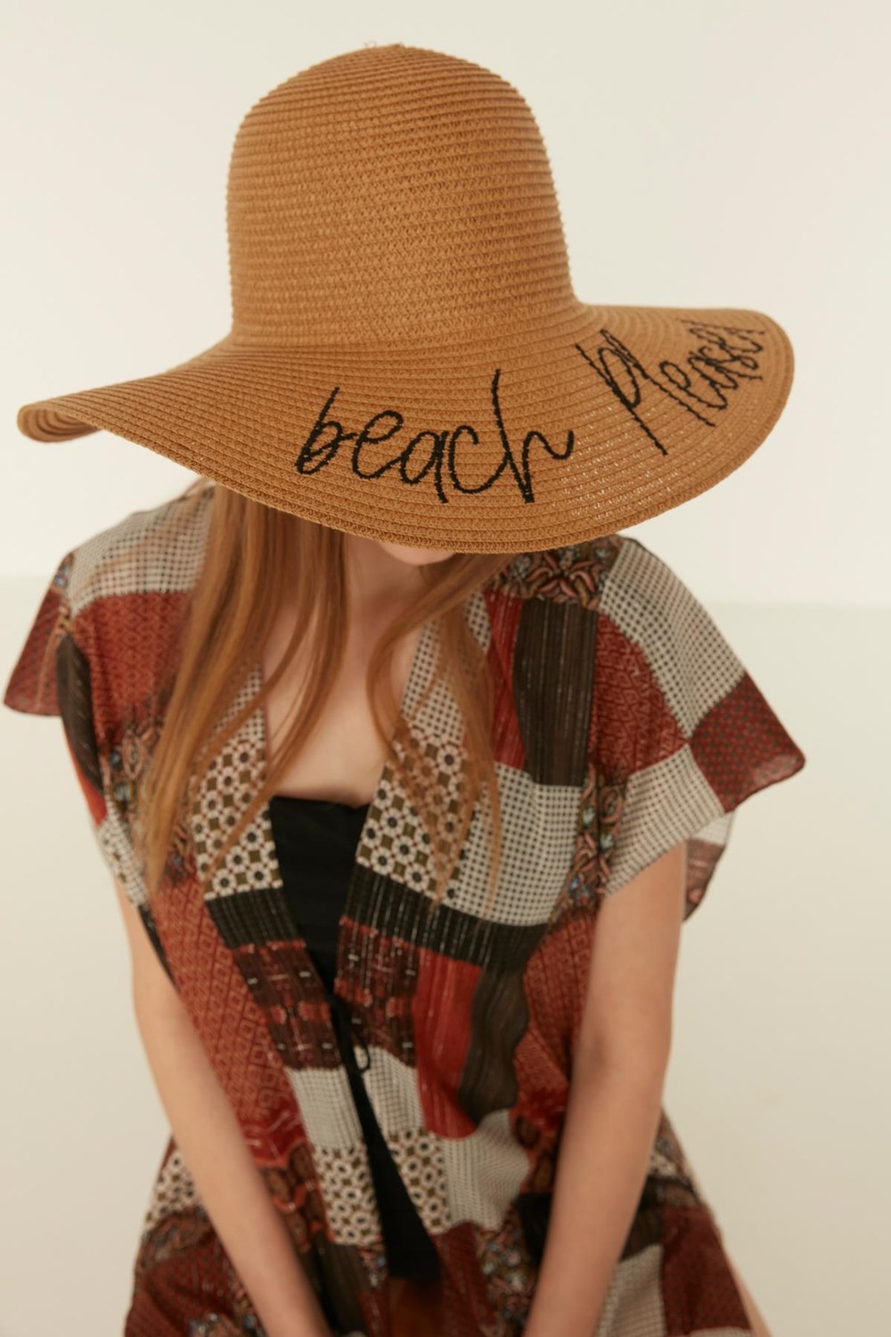 14232-9 Beach Please Yazılı Camel Hasır Kloş Şapka