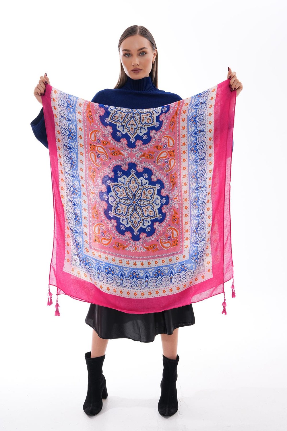 15238 Patchwork Desenli Mavi Püsküllü Şal
