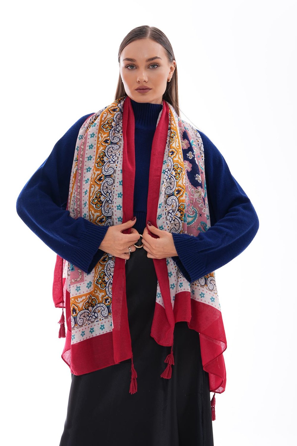 15238 Patchwork Desenli Bordo Püsküllü Şal