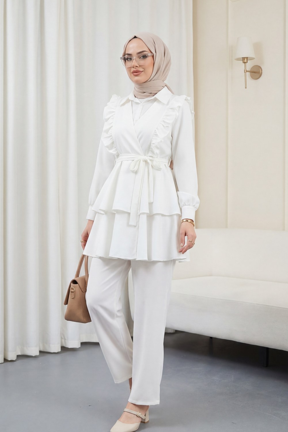 Önü Fırfırlı Bağcıklı Eteği Katlı Pantolonlu Kimono Takım -Beyaz