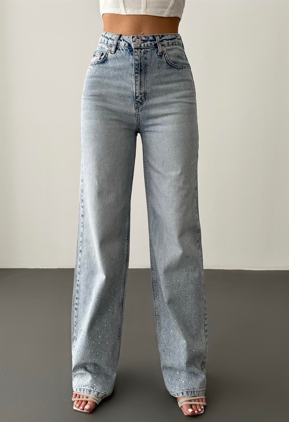 Yüksek Bel Bol Kesim Light Blue Taşlı Jean Pantolon