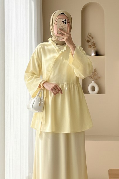 Yakası Fırfırlı Yandan Bağlamalı Keten Görünümlü Kimono -Açık Sarı