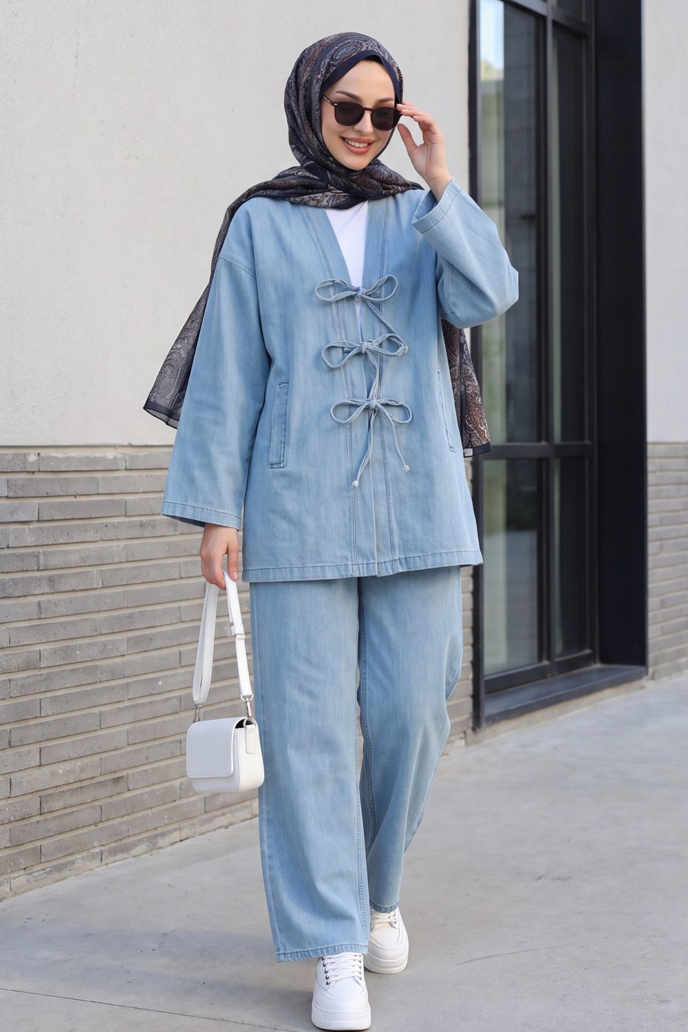 Önü Bağlamalı Cepli Pantolonlu Kot Kimono Takım -Açık Mavi