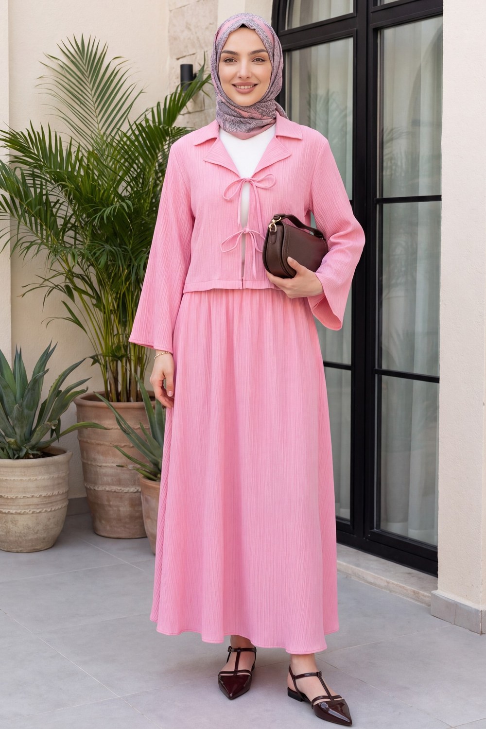 Önü Bağlamalı Etekli Krinkıl Takım -Pembe