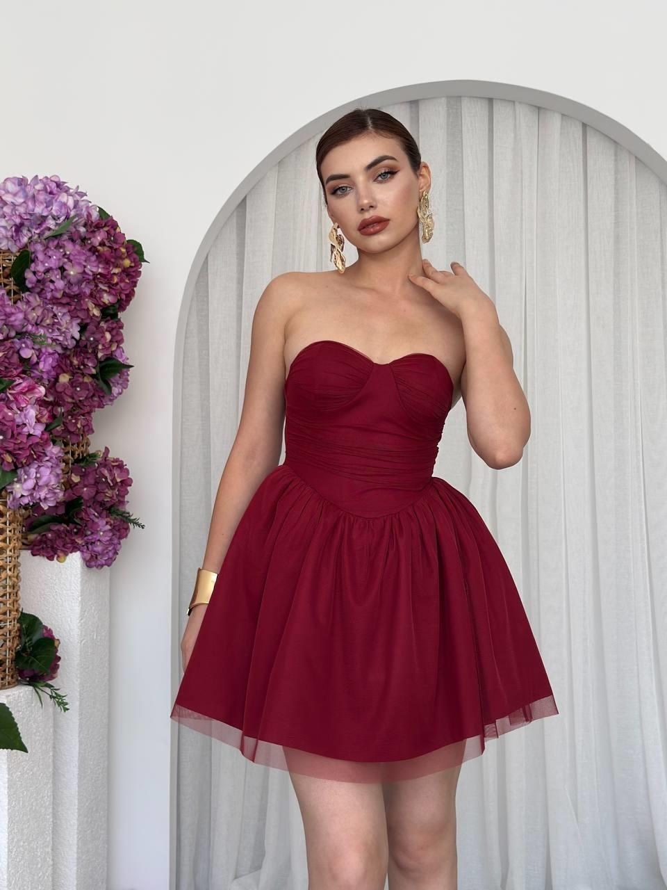 Xoxa Straplez Elbise ETK-00684-bordo