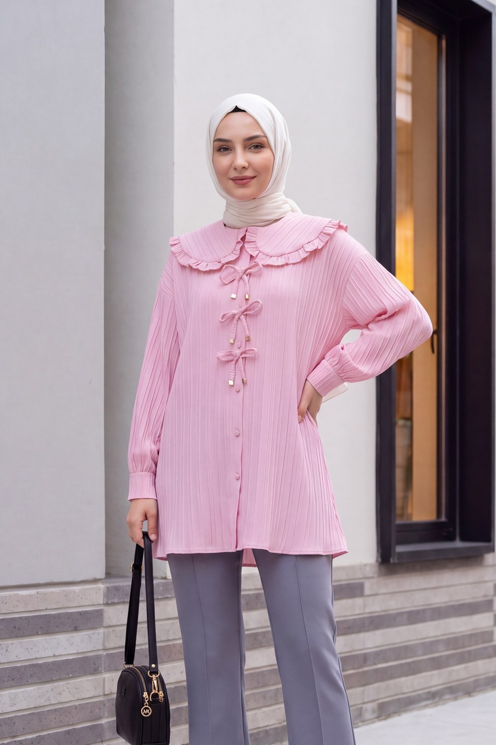 Önü Kurdele Detaylı Düğmeli Önlük Yaka Gömlek -Pembe