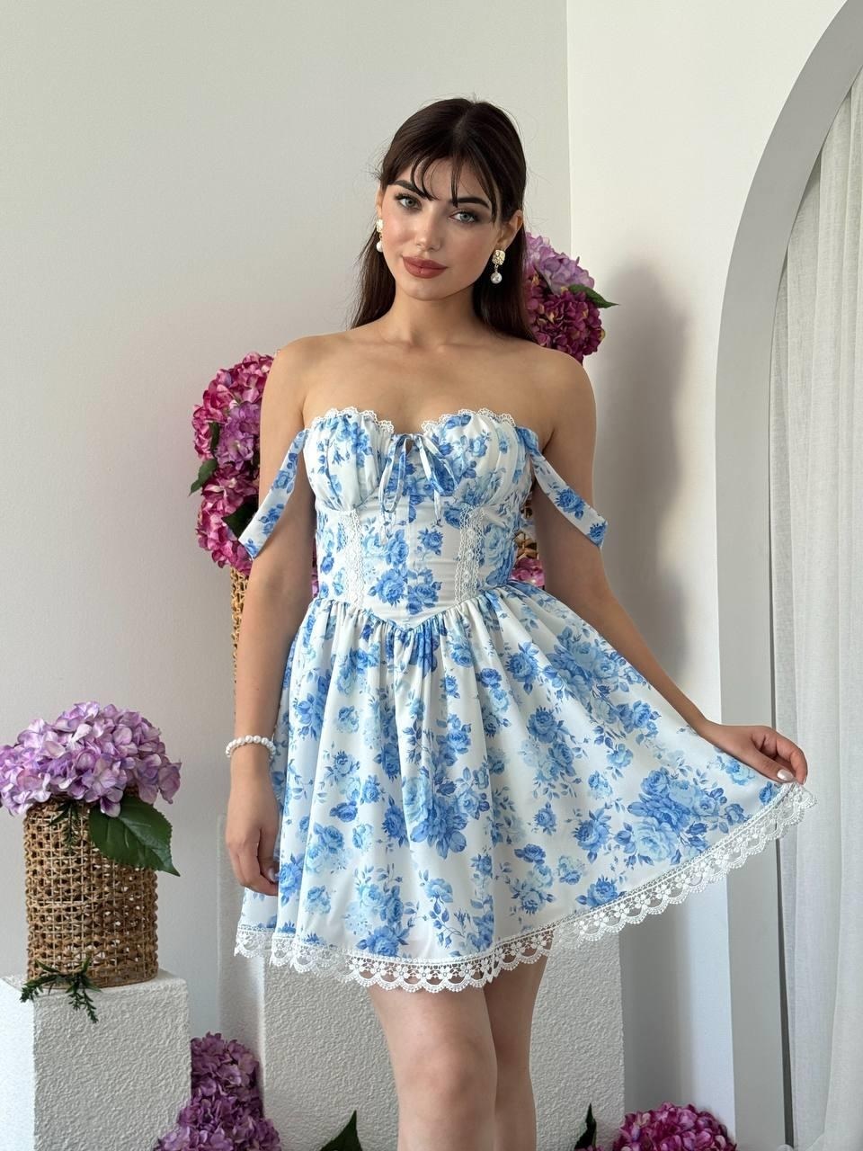 Zeel Mini Elbise ETK-00687-mavi-beyaz
