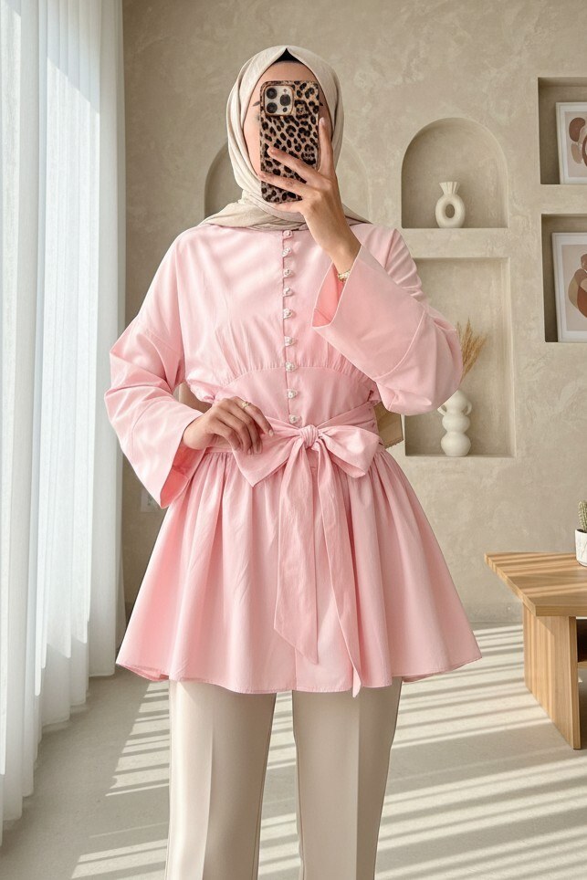 Beli Bağcıklı Boydan Taş Düğmeli Tunik -Pembe