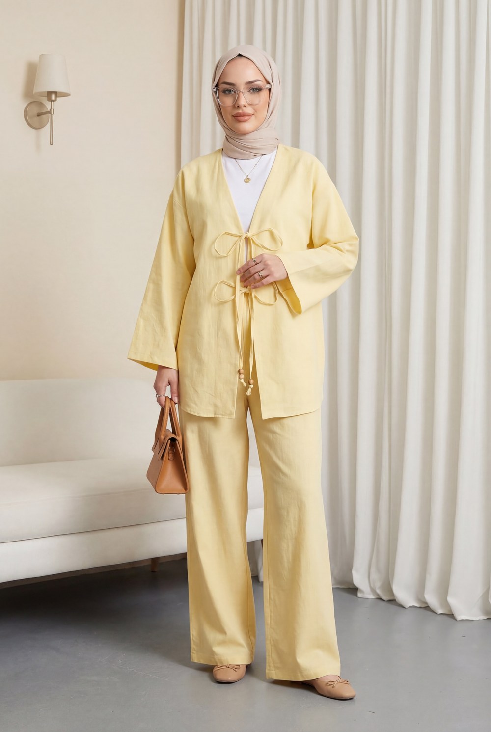 Önü Çift Bağlamalı Pantolonlu Kimono Takım -Açık Sarı
